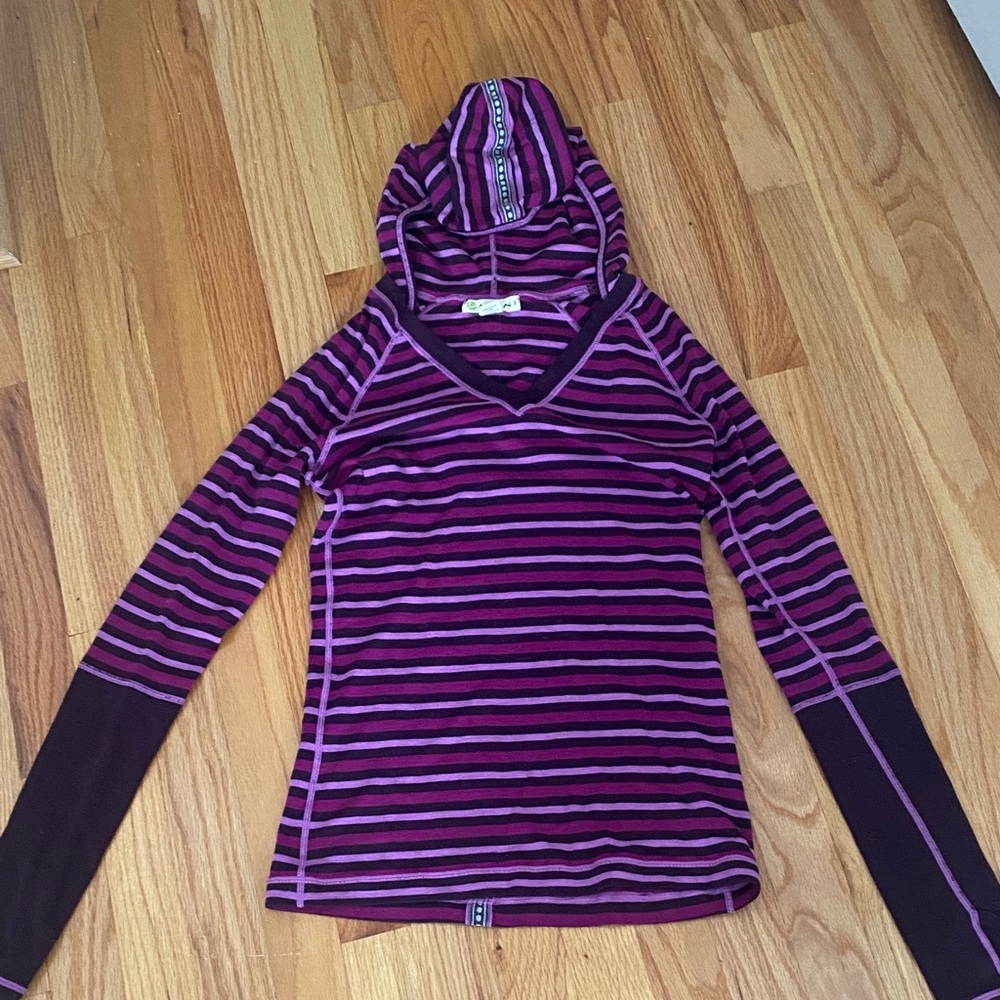 Dakini Purple Striped Hoodie Base Layer 100% Merino Wool Thumbholes